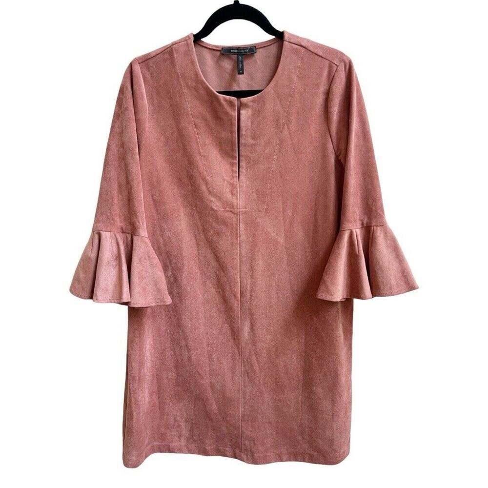 BCBGMAXAZRIA Faux Suede Cartier Dress Shift Ruffled Bell Sleeves Sz M Clay Pink - Picture 2 of 6